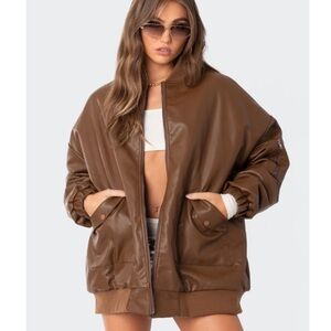 Edikted Faux Brown Leather Oversized Jacket